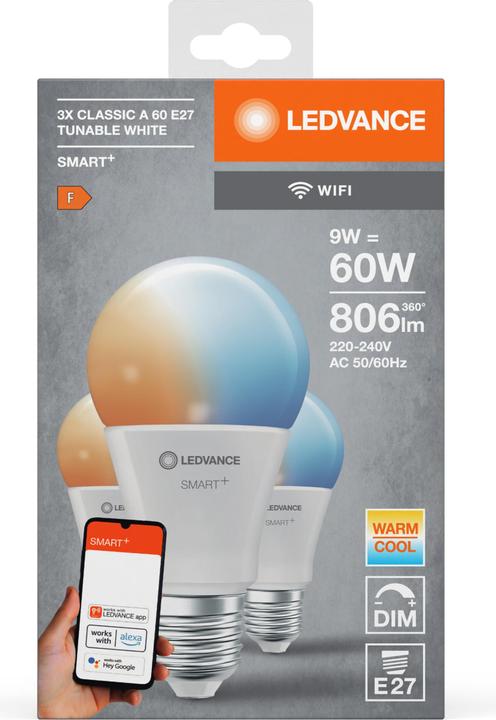 Productafbeelding Ledvance SMART+ WiFi Classic A60 TW E27 FR M3 (E27, 9 W, 806 lm, 3 x, F)