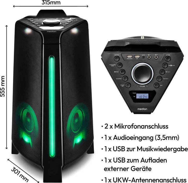 Image du produit Medion MD 43552 Enceinte de fête noire (4 h, Fonctionnement sur secteur, Fonctionnement sur batterie)
