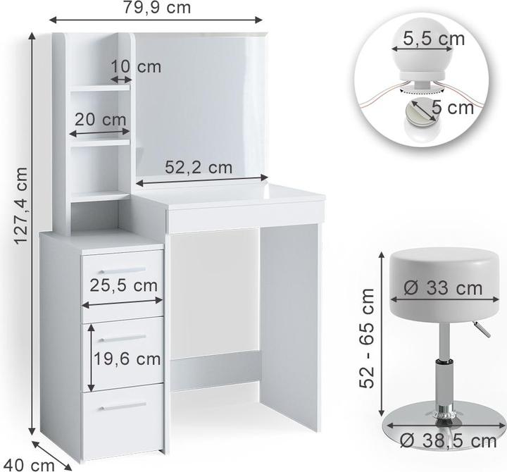 Produktbild Vicco Meryl mit Hocker und Beleuchtung (80 x 40 x 127 cm)
