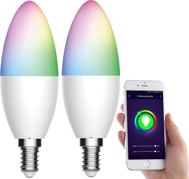 Immagine prodotto Luminea Set di 2 lampade WLAN LED, per Amazon Alexa/GA, E14, RGB, CCT, 5,5 W (E14, 470 lm, 2 x, F)