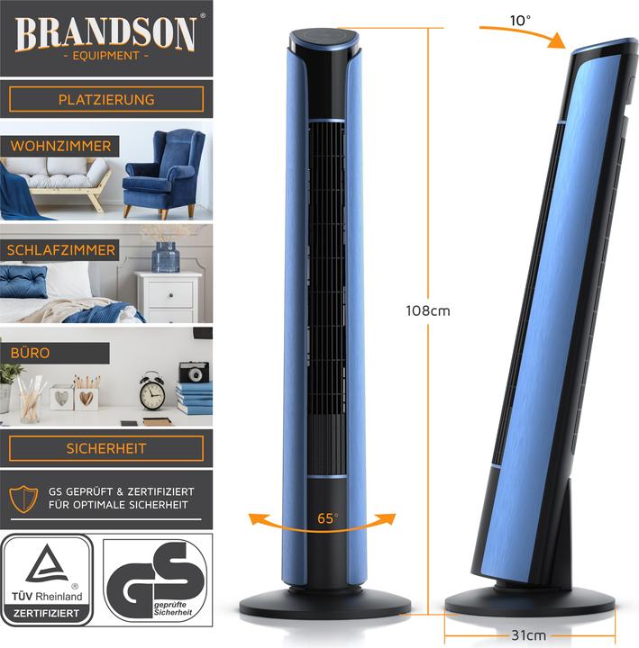 Produktbild Brandson Turmventilator, Fernbedienung, 10° neigbar, Oszillation, 4 Modi, Standventilator 108cm, blau (52 dB)