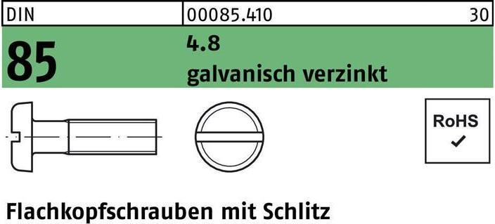 Produktbild Flachkopfschraube DIN 85/ISO 1580 Schlitz M 3 x 30 4.8 galvanisch verzinkt (200 Schrauben pro Stück)