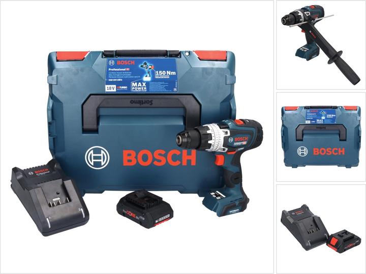 1x Bosch GSB 18V-150 C Professional Akku Schlagbohrschrauber, 1x Bosch GBA 18 V 4,0 Ah ProCORE Akku ( 1600A016GB ), 1x Bosch GAL 18V-40 Ladegerät ( 1600A019RJ ), 1x Zusatzhandgriff, 1x L-Boxx