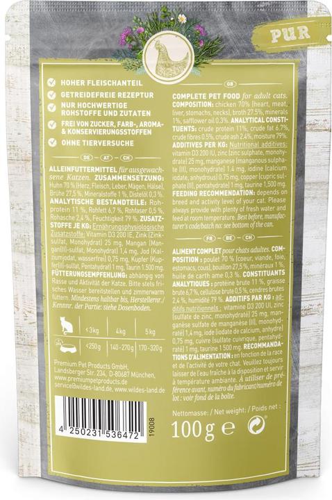 Image du produit Wildes Land Nourriture humide Cat Adult poulet PUR avec huile de carthame, 100 g (Adulte, 1 pcs, 100 g)