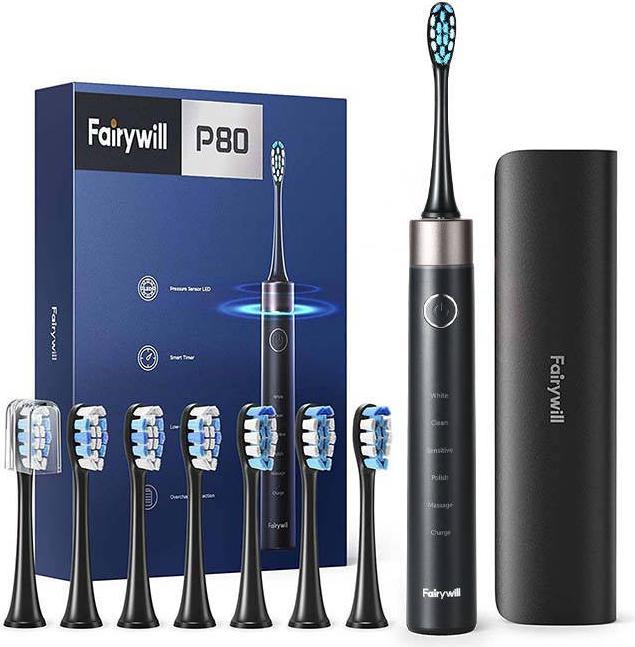 Fairywill Spazzolino sonico con set di testine e custodia FW-P80 (nero) (Spazzolino sonico)