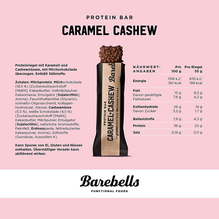 Valeurs nutritives et ingrédients Barebells Barre protéinée Caramel Cashew (Noix de cajou caramel, 12 pcs, 660 g)