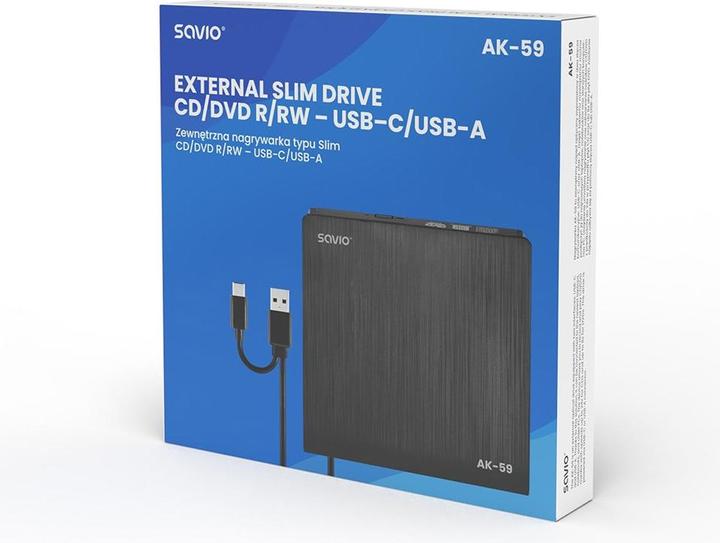 Image du produit Savio AK-59 Enregistreur CD/DVD externe ultraplat R/RW - USB-C/USB-A noir (Graveur de CD, Graveur de DVD)