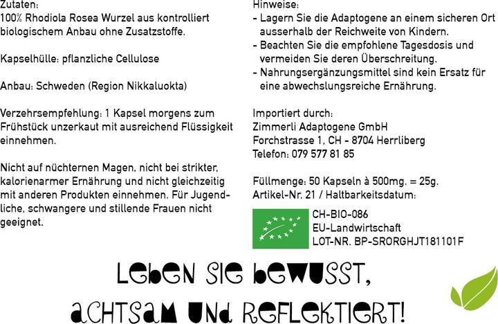 Nährwerte und Zutaten Zimmerli Adaptogene Rhodiola Kapseln (BIO) 50 Kapseln (1 Stück, Kapseln, 25 g)