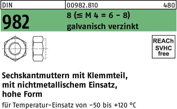 Produktbild Sechskantmutter DIN 982 m.Klemmteil M 6 8 (= M 4 = 6-8) galvanisch verzinkt (M6)