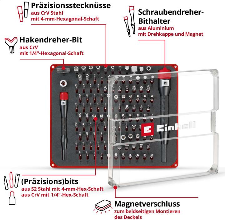 Image du produit Einhell 115040 Jeu d'embouts 114 pièces Spanner, JIS, T-Profil, Gamebit, Sim-Eject-Bit (Gamebit, cruciforme Phillips, Profilé en T, Hexagonal, Tendeur, Fente, Tri-point : 2, Pentalobe, Triangle, Bit Sim-Eject, JIS)