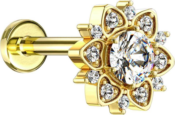 Produktbild Star Piercing Micro Labret Innengewinde 14k vergoldet Herzblume mit Kristall (Messing, Chirurgenstahl 316L)