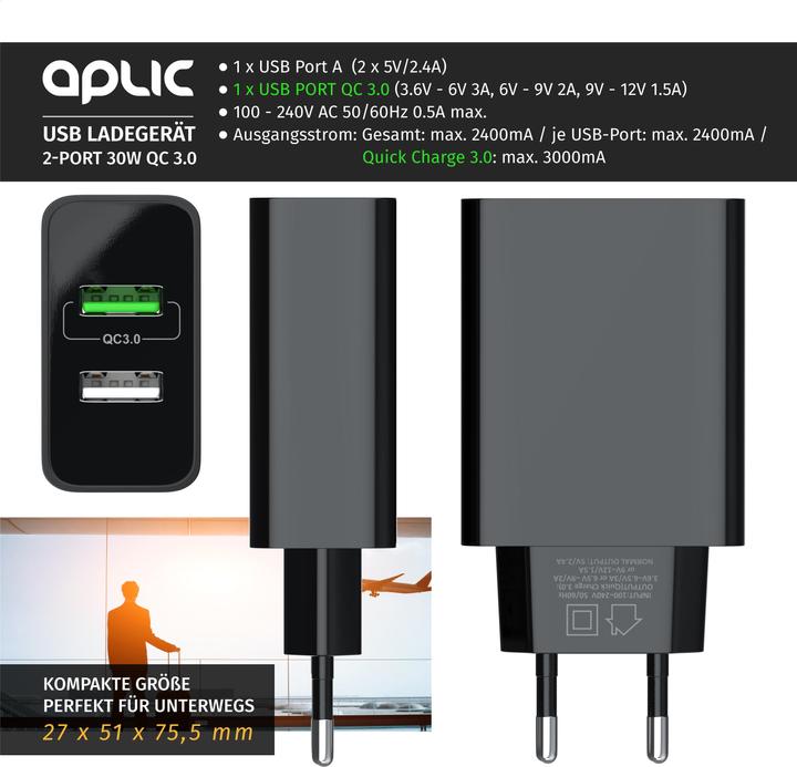 Produktbild Aplic USB Ladegerät 3000 mA, 2 Port, 30W, Quick Charge 3.0 (QC 3.0) Schnelladefunktion, schwarz (30 W)