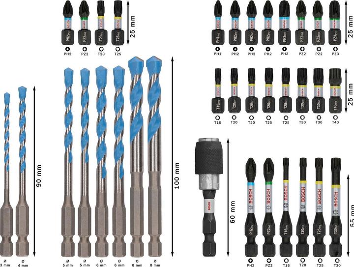 Productafbeelding Bosch Professional Zubehör PRO Slagschroevendraaier Bits en Multi Bouwboor Gemengd Set (PH1, PH2, PH3, PZ2, PZ3, 4 mm, T30, T40, 3 mm, 5 mm, 6 mm, 8 mm, T15, T20, T25)