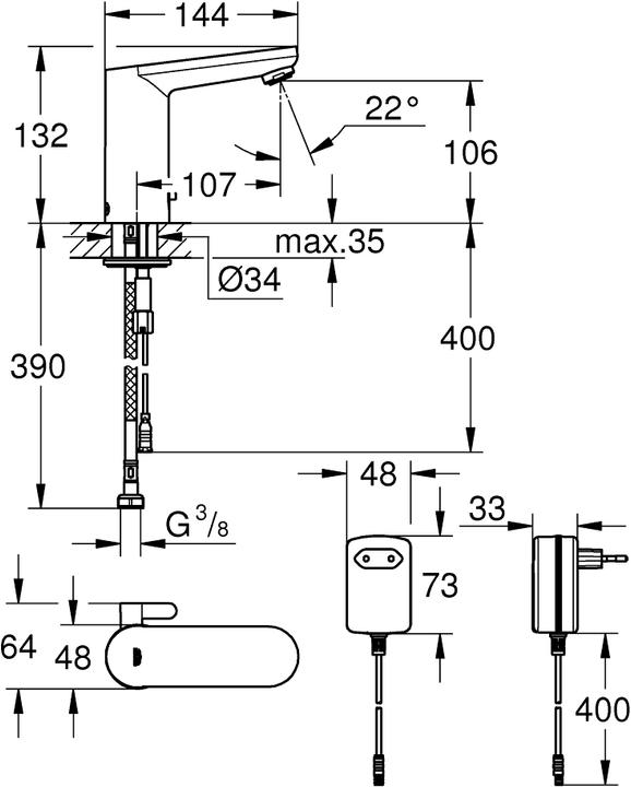 Actual product image Grohe Eurosmart CE infrared washbasin faucet with temperature control, mains operated