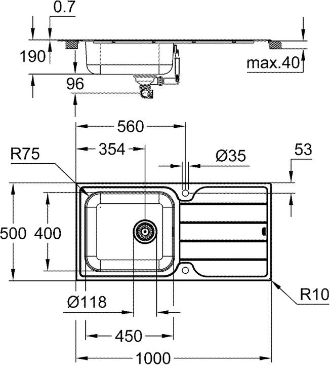 Immagine prodotto Grohe Lavello in acciaio inox K500 con sgocciolatoio (Lavandino montato in alto, 50 cm, 100 cm)