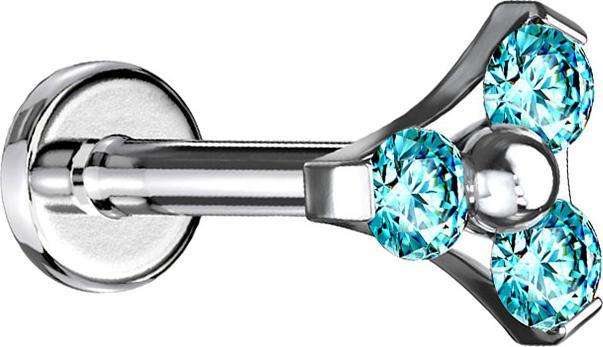 Produktbild Star Piercing Micro Labret Innengewinde silber Dreieck drei Kristalle aqua (Chirurgenstahl 316L, ohne Messing)