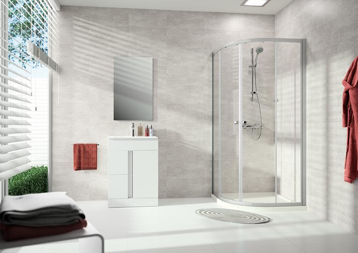Actual product image Hüppe Alpha 2 sliding door, 1/4 circle, with two fixed segments, 800x800x1900mm, radius 500mm, part (205 cm, 49 cm, 190 cm)