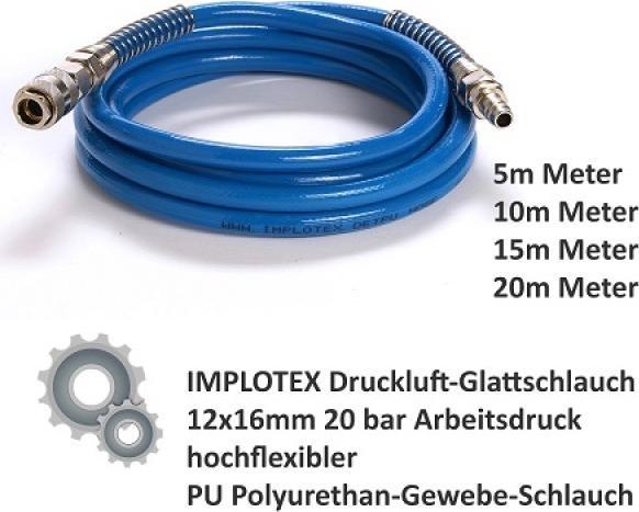 Produktbild Implotex - Druckluft-Glattschlauch 12x16mm 20 bar - 10m Arbeitsdruck hochflexibler PU Polyurethan-Ge