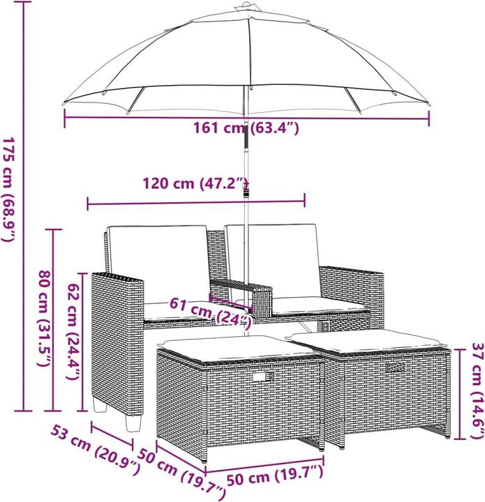 Image du produit VidaXL Canapé de jardin 2 places Parasol Tabouret Banc de jardin Gris clair Poly rotin