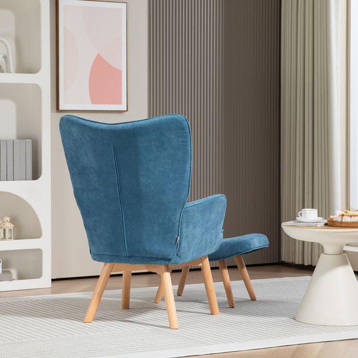 Image du produit Swisshandel24 Sessel mit Hocker, Ohrensessel mit Hoher Rückenlehne, Holzbeine, Cord, Blau