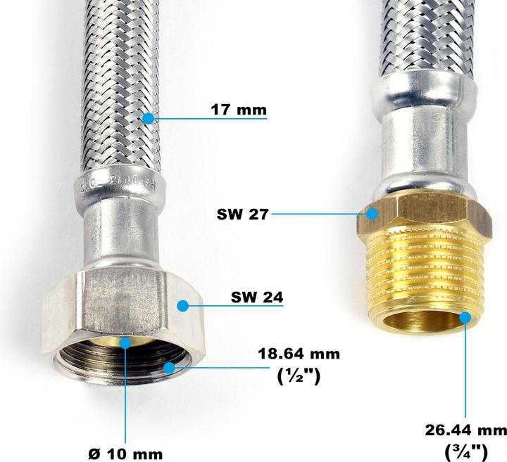 Image du produit XPOtool Tuyau blindé flexible 600mm DN13 Raccord mâle 3/4" 26,44mm Écrou 1/2" 18,64mm Acier fin EP