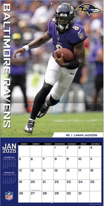 Immagine prodotto NFL - Baltimore Ravens - Calendario da parete della squadra 2025 30,5 x 30,5 cm (30,5 x 30,5 cm, Francese, Italiano, Spagnolo, Tedesco, Inglese)