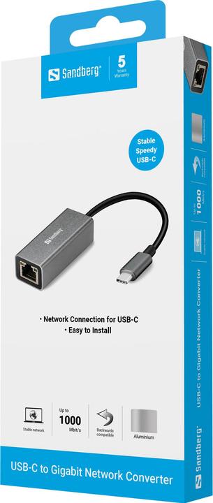 Productafbeelding Sandberg USB-C -> Netwerk Converter (USB-C, RJ45 Gigabit Ethernet (1x))