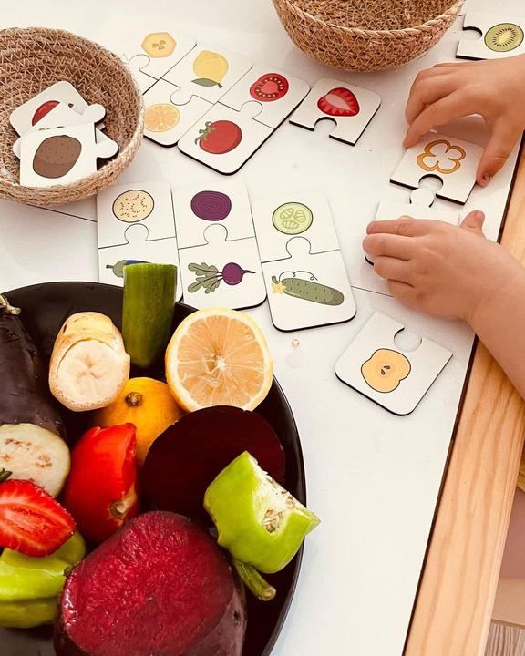 Immagine prodotto Activity Board Puzzle di frutta e verdura in legno, puzzle da 2 pezzi, materiale didattico, schede per la scuola (20 pezzi)