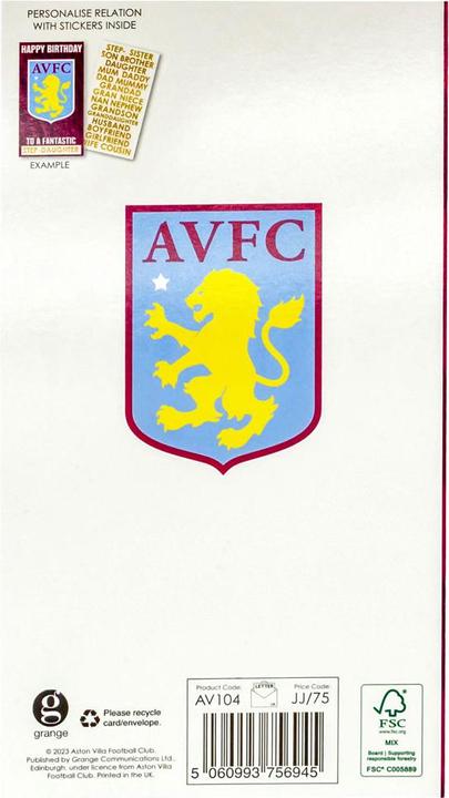 Image du produit Aston Villa FC - Carte d'anniversaire PERSONALISED (1 pcs)
