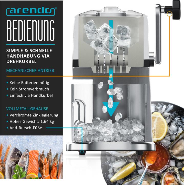 Produktbild Arendo Ice Crusher Edelstahl 1,1 L, Eiscrusher, Eiszerkleinerer zum Kühlen und Frischhalten, Chromoptik