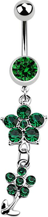 Produktbild Star Piercing Banane silber mit Anhänger zwei Kristallblumen grün (ohne Messing, Chirurgenstahl 316L)