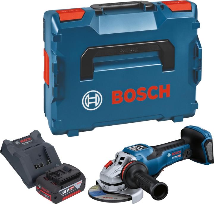1x Zusatzhandgriff Vibration Control (2 608 900 000), 1x Bosch GBA 18 V / 4 Ah / 4000 mAh Li-Ion Akku, 1x Bosch GAL 18V-20 Akku Ladegerät, 1x Schutzhaube (1 605 510 365), 1x Anklippbare Trennschutzhaube aus Metall (2 608 000 756), 1x Schnellspannmutter (2 608 000 684), 1x Bosch L-Boxx 136, 1x Bosch GWS 18V-15 PSC Professional Akku Winkelschleifer