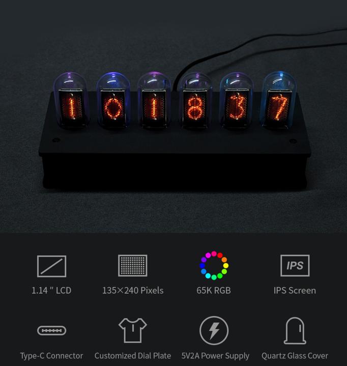Actual product image WaveShare Raspberry Pico Nixie Tube Clock RGB
