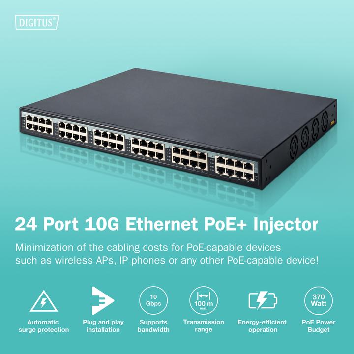 Produktbild Digitus 24 port gigabit PoE+ injector (802.3af (PoE), 802.3at (PoE+), 370 W)