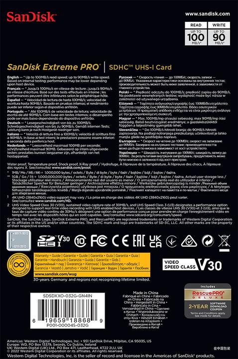 Image du produit SanDisk Extreme PRO UHS-I V30 (32 Go, SDHC, U3, UHS-I)