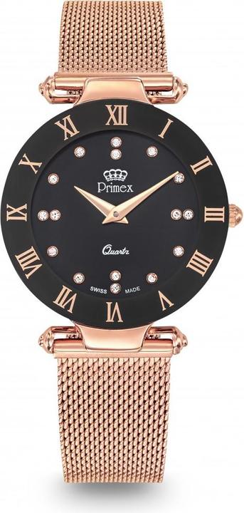 Image du produit Primex Montre Dame Swiss Made Bracelet Metal Rose Cadran Noir Etanche 30 M Petite (Montre analogique, 33 mm)