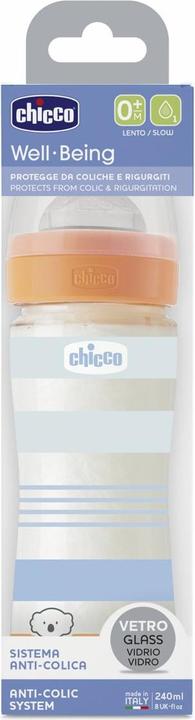 Image du produit Chicco Biberon en verre, 0% BPA, 240 ml, tétine physiologique en silicone, 1 trou, débit lent - BLUE (240 ml)