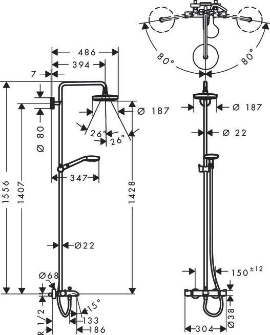 Actual product image hansgrohe HG Showerpipe CROMA SELECT S 180 2jet DN 15, for bath white/chrome