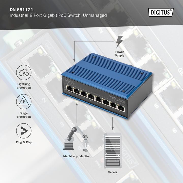 Actual product image Digitus Industrial 8-Port Gigabit PoE Switch (8 Ports)