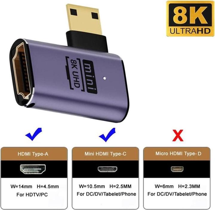 Image du produit PowerGuard Mini HDMI vers HDMI 2.1 Angle de 90 degrés Adaptateur gauche (Mini HDMI)