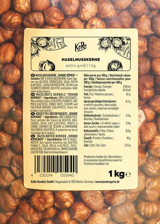 Nährwerte und Zutaten KoRo Haselnusskerne "Runde Römer" (1000 g)