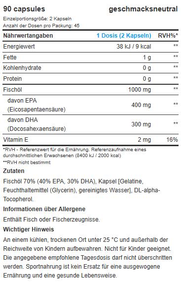 Nährwerte und Zutaten Biotech USA BioTech Mega Omega 3, 90 Kapseln (90 Stück, Kapseln)