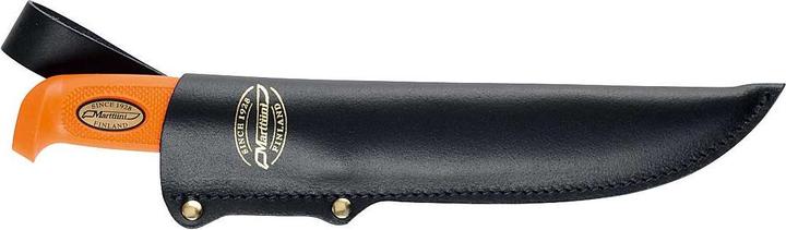 Actual product image Marttiini Hunting knife, stainless, Martef coating, orange plastic handle, sheath with Du