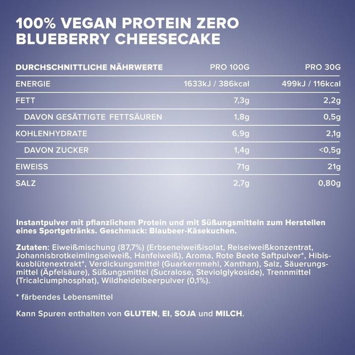Nährwerte und Zutaten IronMaxx 100% Vegan Protein Zero (Blueberry Cheesecake, 1 Stk., 500 g)