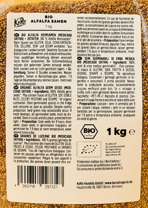 Nährwerte und Zutaten KoRo Bio Alfalfa Keimsamen (Medicago Sativa) (1000 g)