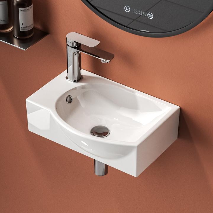 Immagine prodotto Emke Lavabo a parete 405 x 280 x 140 mm, Rettangolare, Ceramica, Foro per rubinetto destro, Bianco (280 mm, 405 mm)