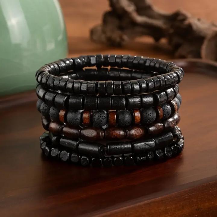 Produktbild Cbx Elastisches Perlen Armband Set Lavastein und Vintage-Holzperlen