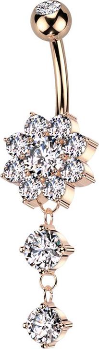 Produktbild Star Piercing Banane rosegold mit Kugel Kristall silber und Blume Kristalle silber Anhänger zwei runde Kristalle (Messing, Chirurgenstahl 316L)
