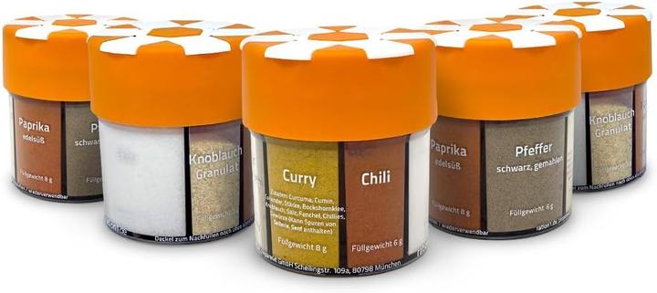 Produktbild Ration1.de 5er-Set Gewürzstreuer (Diverse Gewürze, Salz, Meersalz, Pfeffer, Chili, Muskatnuss, Kräuter)
