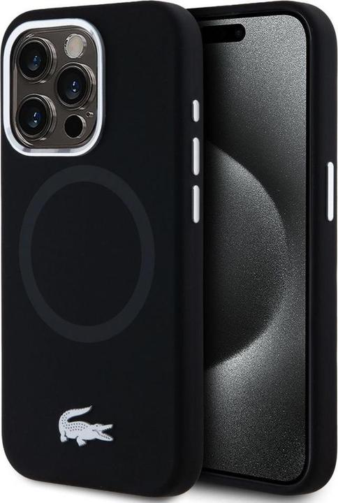 Actual product image Lacoste Liquid Silicone Microfibre Silver Croc Logo MagSafe Case for iPhone 15 Pro Black (Apple iPhone 15 Pro)